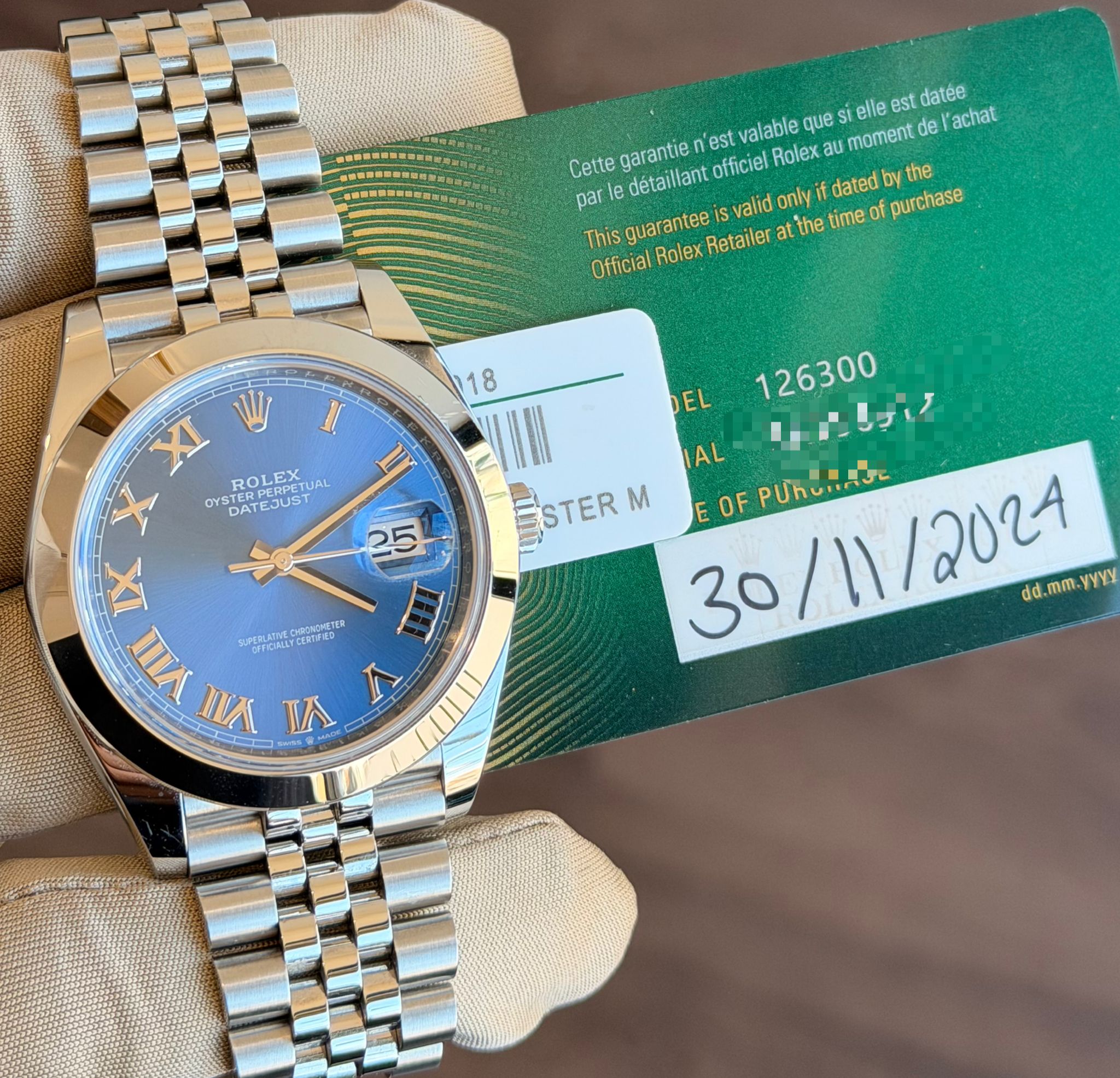 Rolex Datejust 41 Blue Roman Dial on Jubilee 126300 Card 2024
