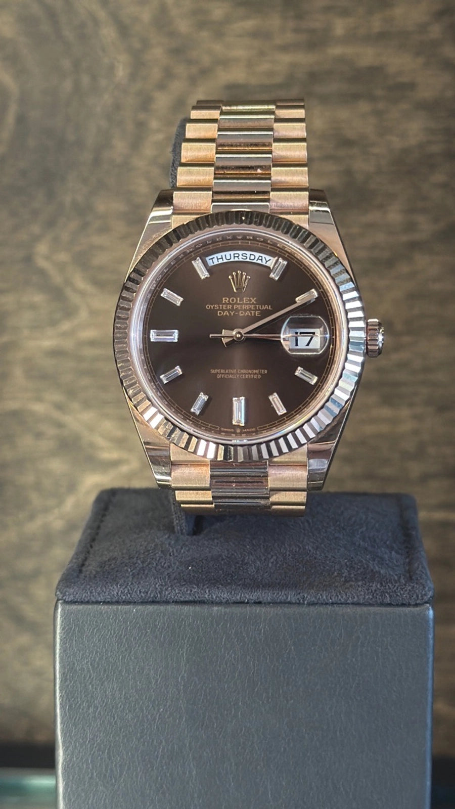 Rolex Day-Date 40 Chocolate Baguette Diamond Dial on President 228235 Complete 2022