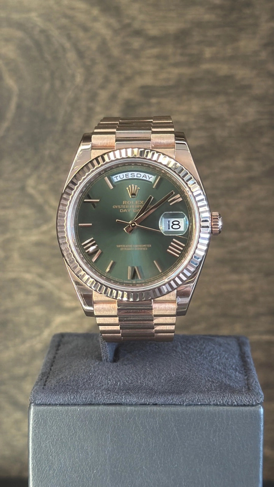 Rolex Day-Date 40 Olive Green Roman Dial on President 228235 Card 2024