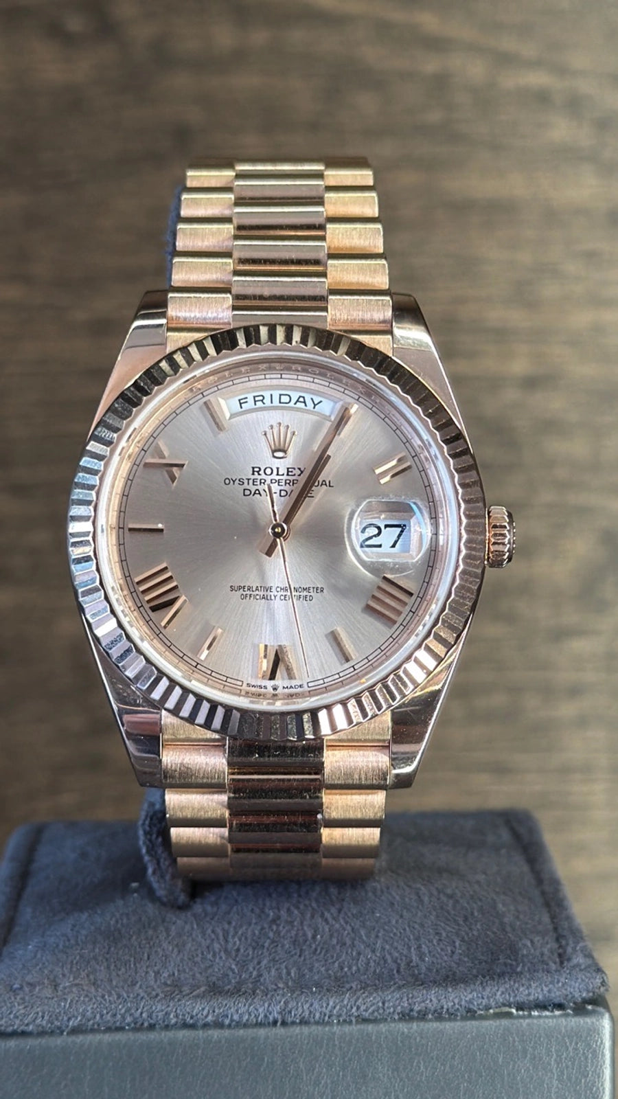 Rolex Day-Date 40 Sundust Bevelled Roman Dial on President 228235 Complete 2021