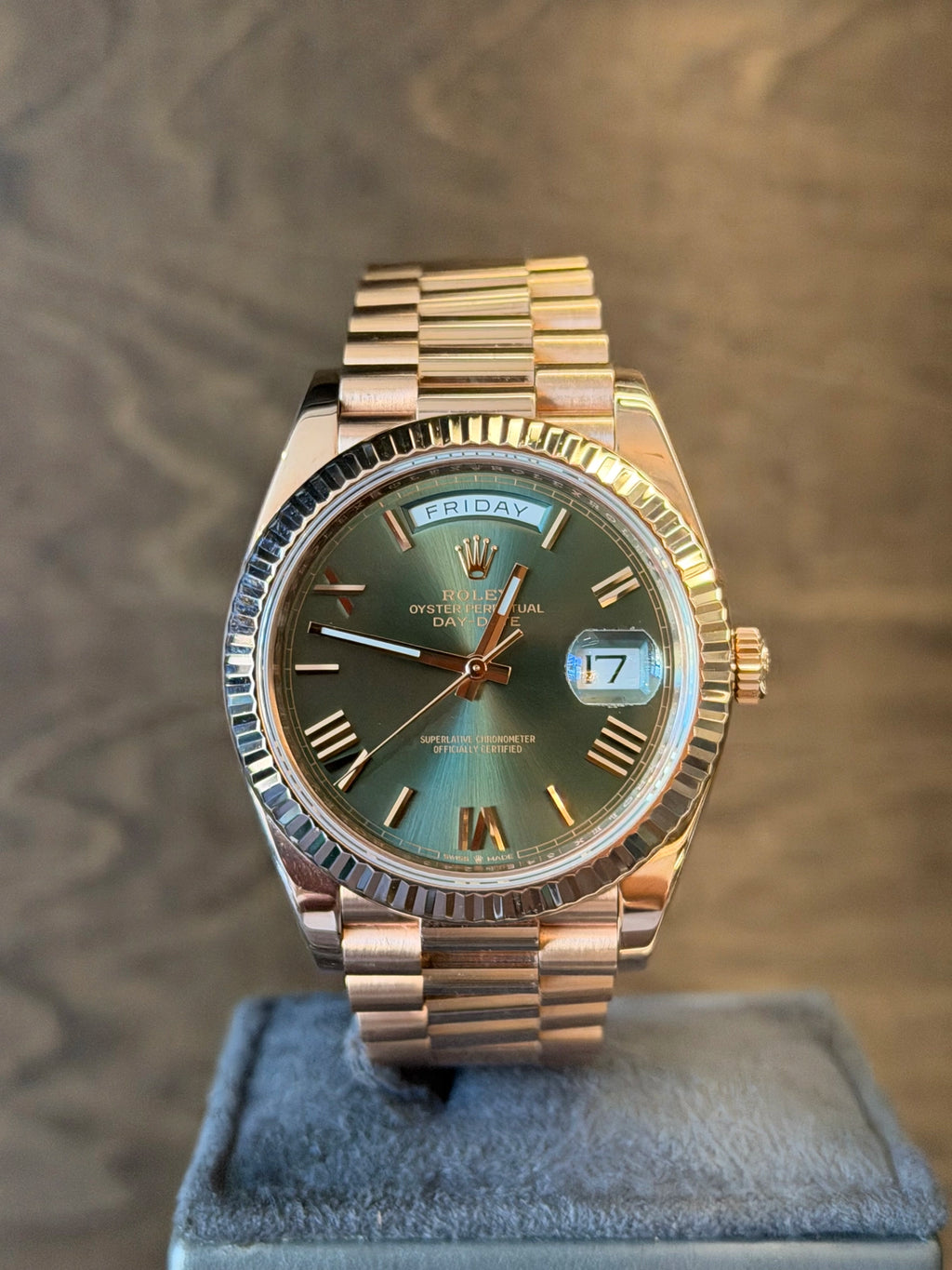 Rolex Day-Date 40 Olive Green Roman Dial on President 228235 Card 2024